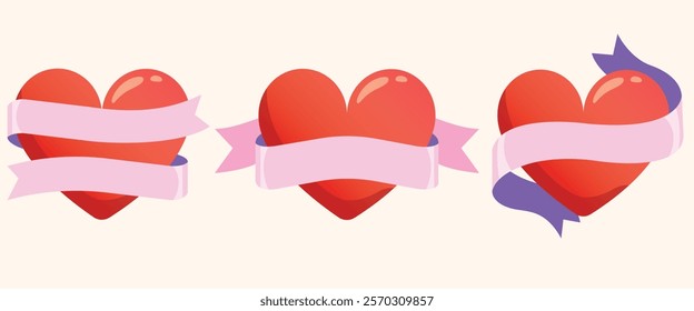 Set of heart with ribbon, Cute object valentine collection with red hearts and pink ribbon design.