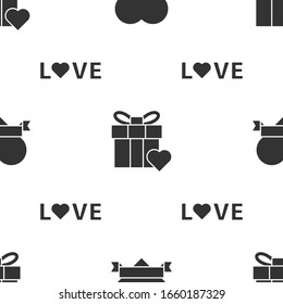 Legen Sie Herz und Band, Geschenkbox sowie Herz und Liebe Text auf nahtlose Muster. Vektorillustration