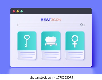 Set Heart and ribbon, Key in heart shape and Female gender symbol icon. Vector