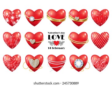 Set of Heart with ring. Vector background. Red. 3D. Valentines Day.