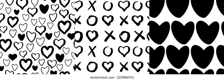 Set heart romantic doodle seamless patterns with black hearts, tic tac toe elements. Shape on white background in hand drawn hipster grunge style.
