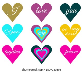 Set heart and romantic lettering. Festive banner for Valentine's Day, wedding, birthday. Vector illustration for design cards, background, packaging.
