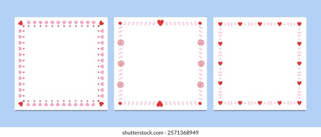 Set of square frames with heart, rose, and geometric pink and red decorations on a white background. Romantic border designs for Valentine cards, wedding invitations, birthday cards, prints. 