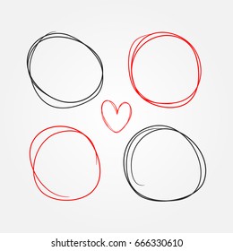 Set of heart and round frames painted by hand. Sketch, doodle, scribble. Black and red isolated elements.  Vector illustration.