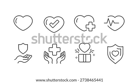 Set of heart and safety icons featuring health and protection symbols