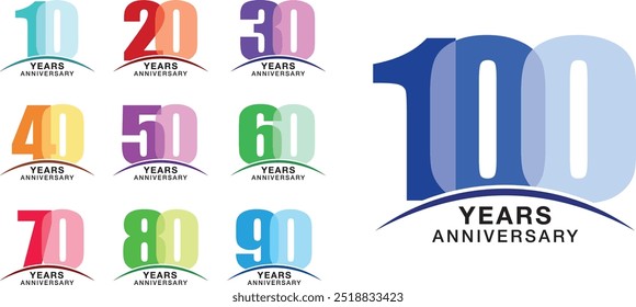 set of heart shape 10 20 30 40 50 60 70 80 90 and 100 years anniversary logo style in monochrome color on white background. heart shape vector illustration.