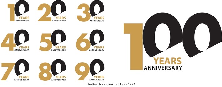 set of heart shape 10 20 30 40 50 60 70 80 90 and 100 years anniversary logo style in gold and black color on white background. heart shape vector illustration.