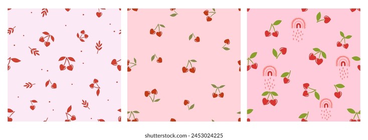 Conjunto de cereza en forma de corazón con hojas verdes, rama y arcoíris sobre fondo rosa Vector. Lindo estampado de frutas.