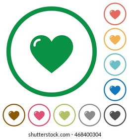 Set of heart shape color round outlined flat icons on white background