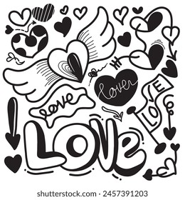 Set of heart shape doodle isolated on white background.