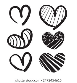 Set of heart shape doodle isolated on white background.