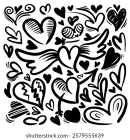 Set of heart shape doodle isolated on white background.