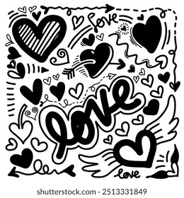 Set of heart shape doodle and love lettering isolated on white background.