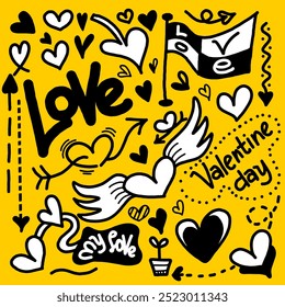 Conjunto de doodle en forma de corazón y letras de amor aisladas sobre fondo amarillo.