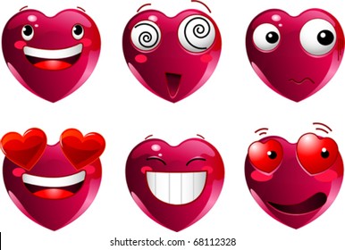 Set of heart shape emoticons with different faces, eyes, mouth and brushes