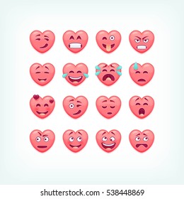 Set of heart shape emoticons. Vector romantic and valentines smileys, emojies.