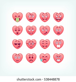 Set of heart shape emoticons. Vector romantic and valentines smileys, emojies.