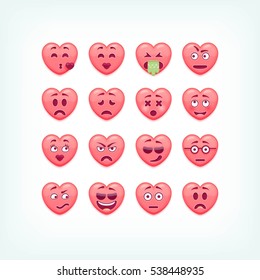 Set of heart shape emoticons. Vector romantic and valentines smileys, emojies.