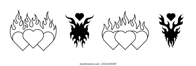 Set of heart shape with fire symbol. hand drawn tattoo element