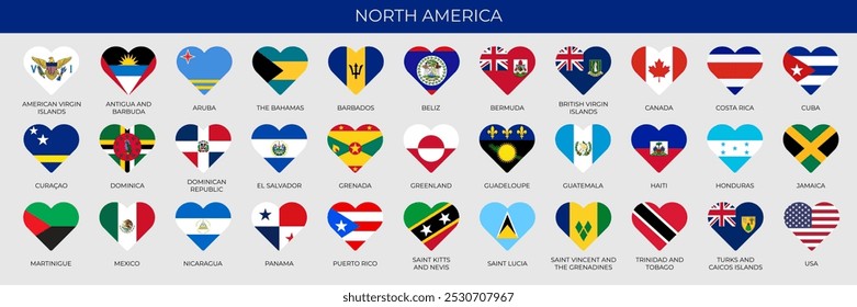 Conjunto de banderas en forma de corazón de países de América del Norte en orden alfabético. Ilustración vectorial