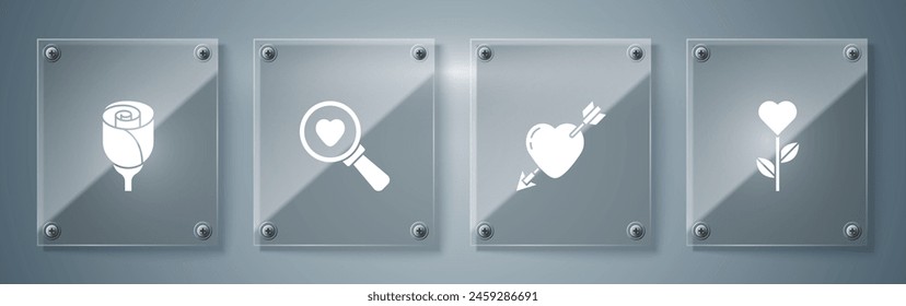 Set Heart shape in flower, Amour with heart and arrow, Search love and Flower rose. Square glass panels. Vector