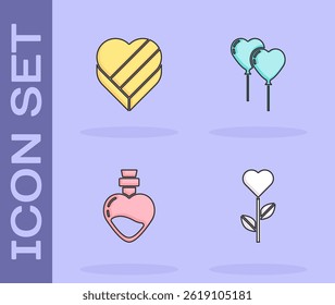 Set Heart shape in flower, Candy heart shaped box, Bottle with love potion and Balloons form of icon. Vector