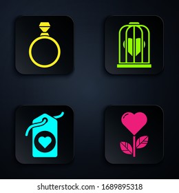 Set Heart shape in a flower, Diamond engagement ring, Heart tag and Heart in the bird cage. Black square button. Vector