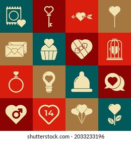 Set Heart shape in a flower, speech bubble, the bird cage, Amour with heart and arrow, Wedding cake, Envelope Valentine, Condom package and Candy shaped box icon. Vector