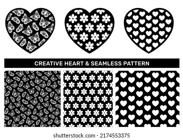 Set of heart shape with flower texture and butterfly seamless pattern. Creative spring floral icon vector design element and natural seamless texture swatch for decorative textile print design