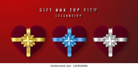 Set heart shape gift box with bow and ribbon top view. Element for decoration gifts, greetings, holidays. Vector illustration.
