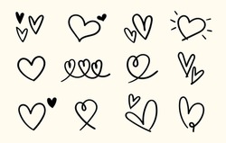 set of heart shape hand-drawn style, scribble doodle illustration with brush stroke, set of sign and symbol