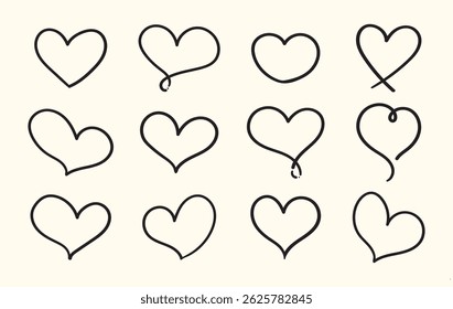 Conjunto de estilo dibujado a mano en forma de corazón, ilustración garabato con trazo de pincel, conjunto de signo y símbolo