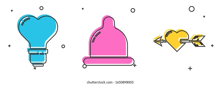 Stellen Sie die Herzform in eine Glühbirne, Kondom und Amour mit Herz und Pfeil Symbol. Vektorillustration