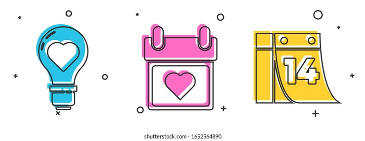 Stellen Sie die Herzform in eine Glühbirne, Kalender mit Herz und Kalender mit dem 14. Februar Symbol. Vektorillustration