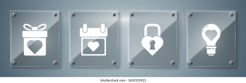 Set Heart shape in a light bulb, Castle in the shape of a heart, Calendar with heart and Gift box with heart. Square glass panels. Vector