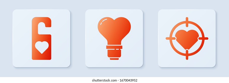 Set Heart shape in a light bulb, Please do not disturb with heart and Heart in the center of darts target aim. White square button. Vector
