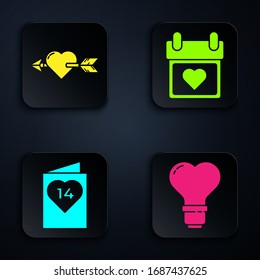Set Heart shape in a light bulb, Amour with heart and arrow, Valentines day flyer with heart and Calendar with heart. Black square button. Vector