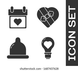 Stellen Sie die Herzform in eine Glühbirne, Kalender mit Herz, Kondom und Bonbons in Herzform Symbol. Vektorillustration