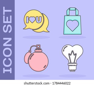 Ponga la forma del corazón en una bombilla, burbuja del habla con yo te amo, Perfume y bolsa de compras con icono del corazón. Vector