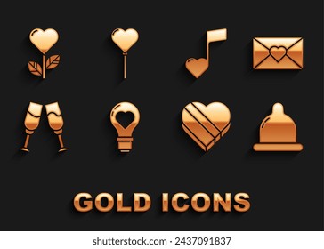 Set Heart shape in a light bulb, Envelope with Valentine heart, Condom, Candy shaped box, Glass of champagne, Music note, tone hearts, flower and Balloons form icon. Vector