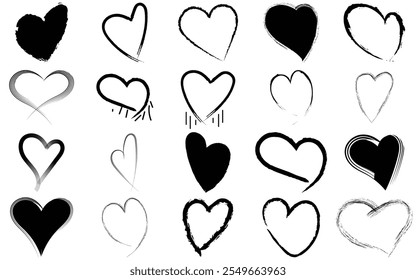 Set of Heart shape and love doodles. Grunge Hand drawn love illustrations. Scribble ink hearts doodles collection.