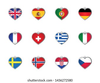 set of heart shape national flag icons on white background, Europe continent, vector illustration