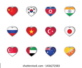 set of heart shape national flag icons on white background, Asia and Oceania continents, vector illustration