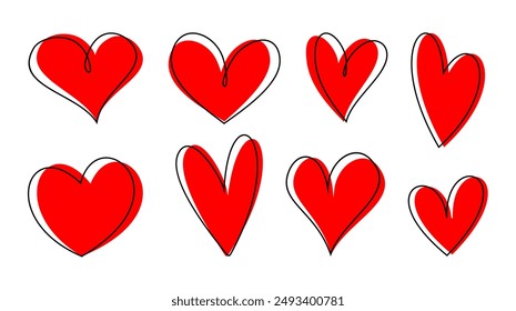Set of heart shape outline and red heart spot. Beautiful love symbol set vector.