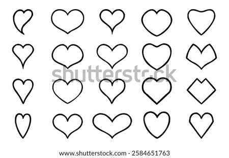 Set of Heart Shape Outlines in Silhouette – Black Heart Icons Collection for Love, Valentine, and Romance. Vector Illsutration.
