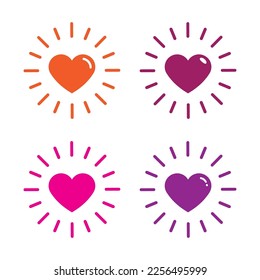 Set of heart shape with rays icon isolated flat design vector illustration on white background.