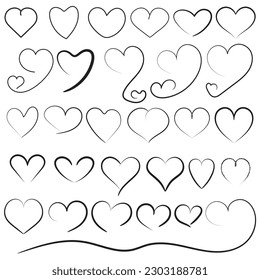 Set of Heart shape with sketch or hand drawing icon, different love hearts drawing collection vector design on white background