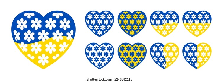 Conjunto de pegatinas de forma cardíaca con patrón de flor para el apoyo de Ucrania. El ícono de Salvar Ucrania es un concepto patriótico en los colores de la bandera ucraniana. Ilustración gráfica vectorial para el diseño de medios sociales