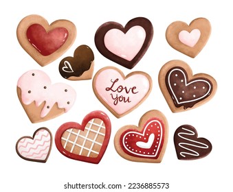 Set of heart shape valentine cookies. Watercolor illustration. Great for card and greetings.