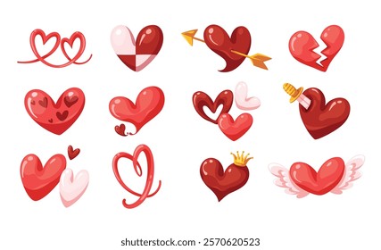 Set of heart shape in various design. Valentine silhouettes of red heart love sticker. Various abstract forms of romantic relationship. Idea for print, cartoon, card, decoration and sticker.